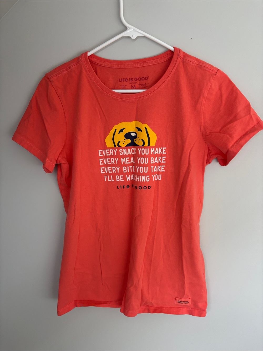 Life Is Good Coral Tee with Yellow Dog Graphic - Size M
